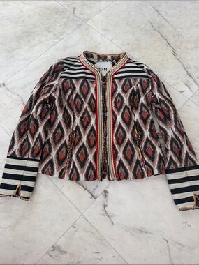 Bazar Deluxe Red Multicolor Ikat Open-Front Blazer with Striped Accents Sz42